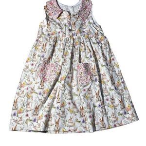 Girl's Easter Dress, Rabbit Design, Pockets, Purple Buttons, Spring, Handmade, S